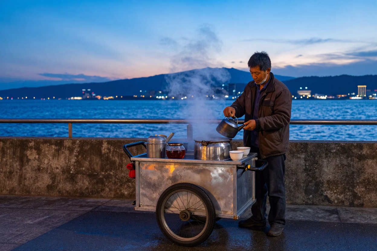 Preparing Tea in Kaohsiung at The Still Hours Before Dawn Light in in Kaohsiung, Taiwan