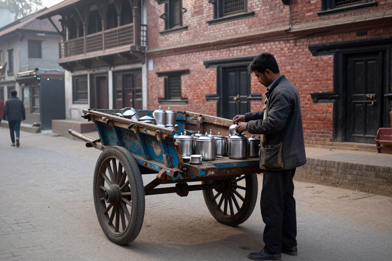 Preparing Tea in Kathmandu at Sunrise Light in in Kathmandu, Nepal