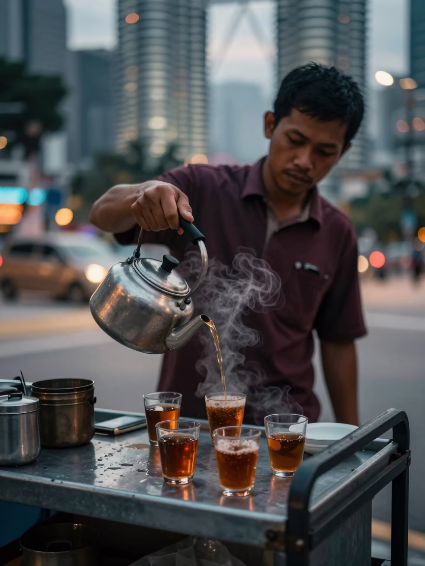 Preparing Tea in Kuala Lumpur at The Still Hours Before Dawn Light in in Kuala Lumpur, Malaysia