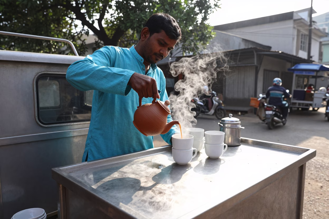 Preparing Tea in Mumbai at Bright Midmorning Light in in Mumbai, India