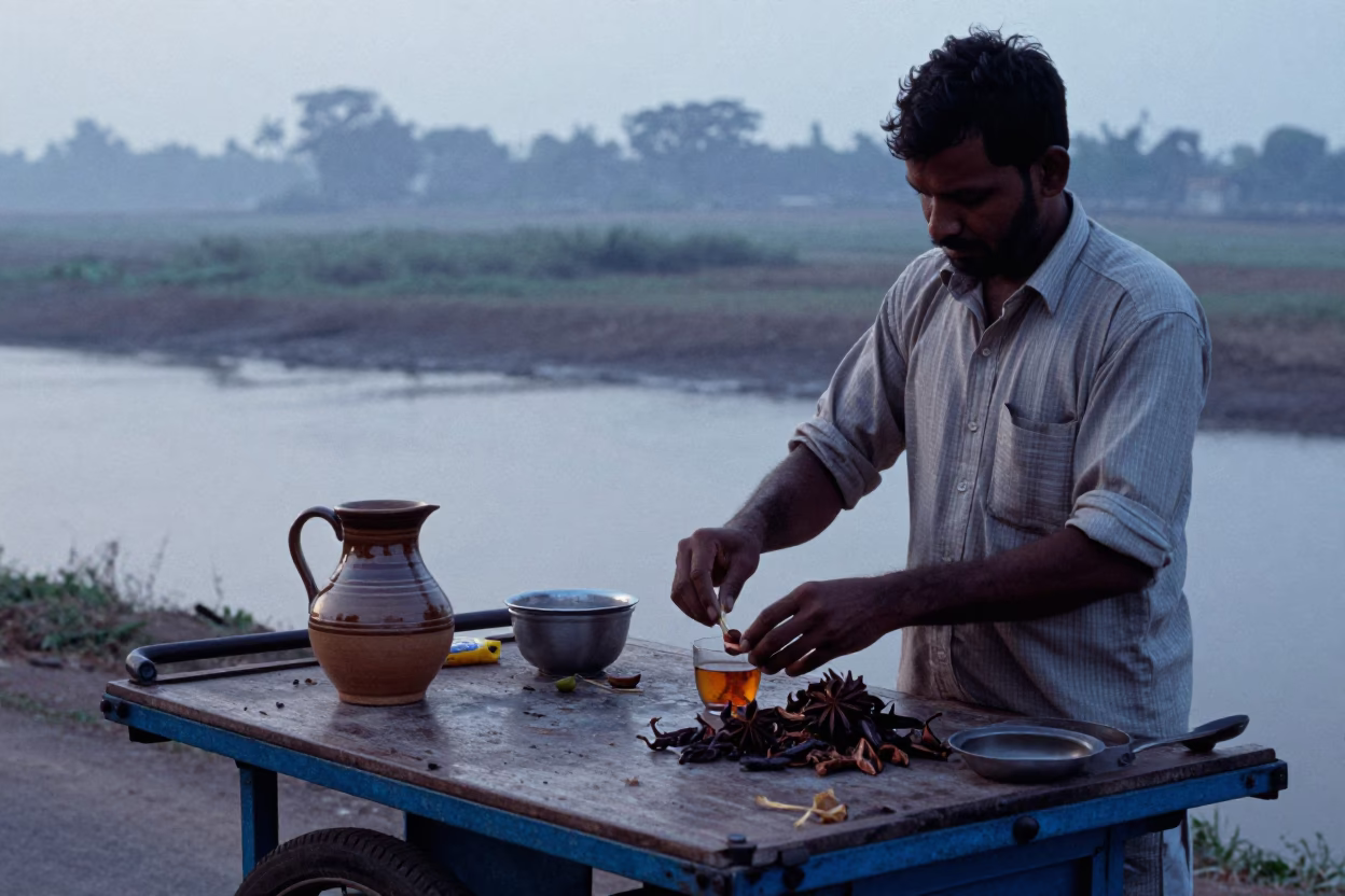 Preparing Tea in Mumbai at Sunrise Light in in Mumbai, India