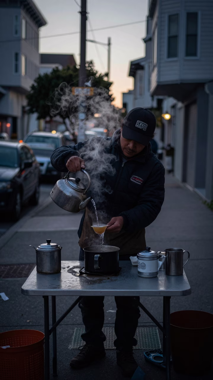 Preparing Tea in San Francisco at The Predawn Darkness Light in in San Francisco, California, United States