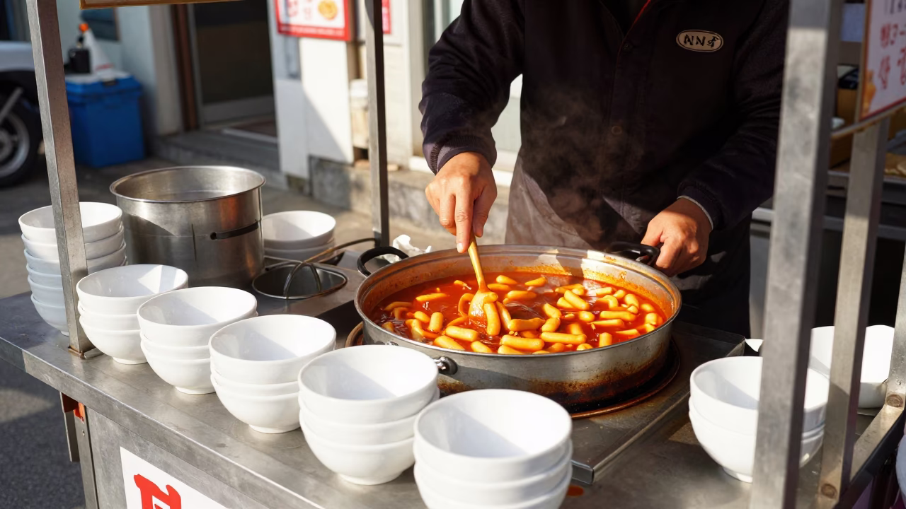 Preparing Tteokbokki in Seoul at Bright Midmorning Light in in Seoul, South Korea