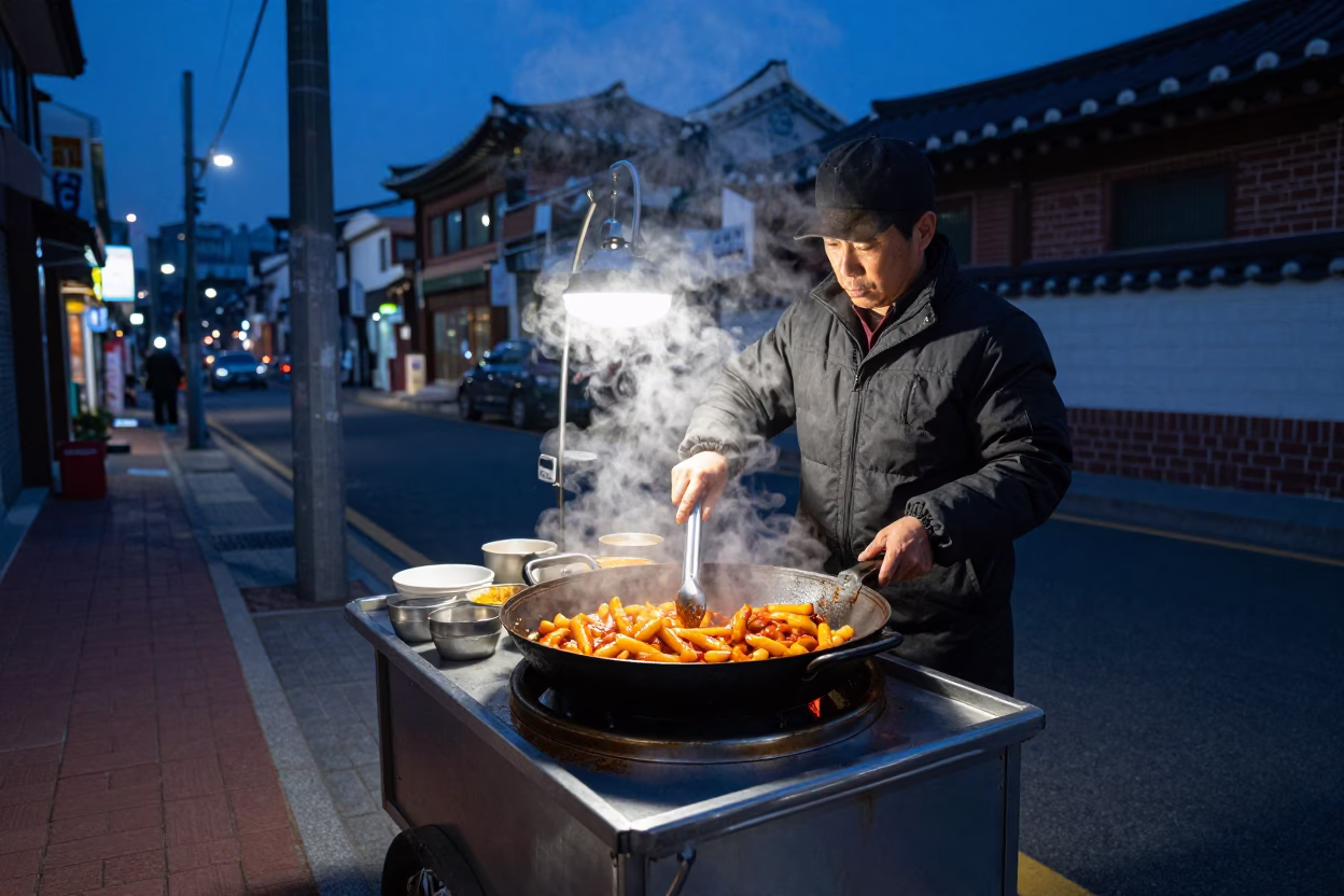 Preparing Tteokbokki in Seoul at The Still Hours Before Dawn Light in in Seoul, South Korea