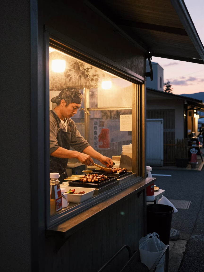 Preparing Yakitori in Fukuoka in in Fukuoka, Japan