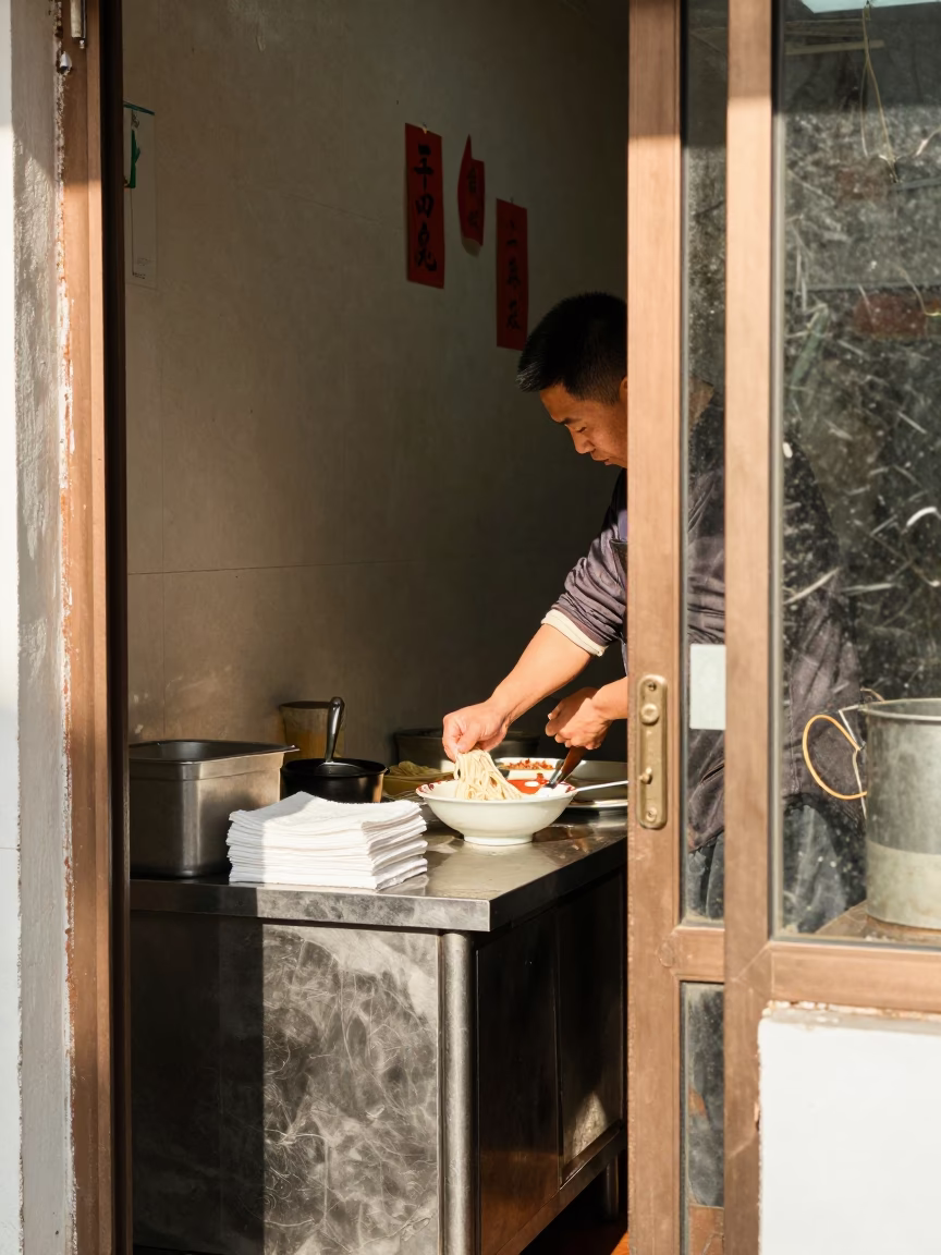 Prepping Noodles in Shanghai in in Shanghai, China