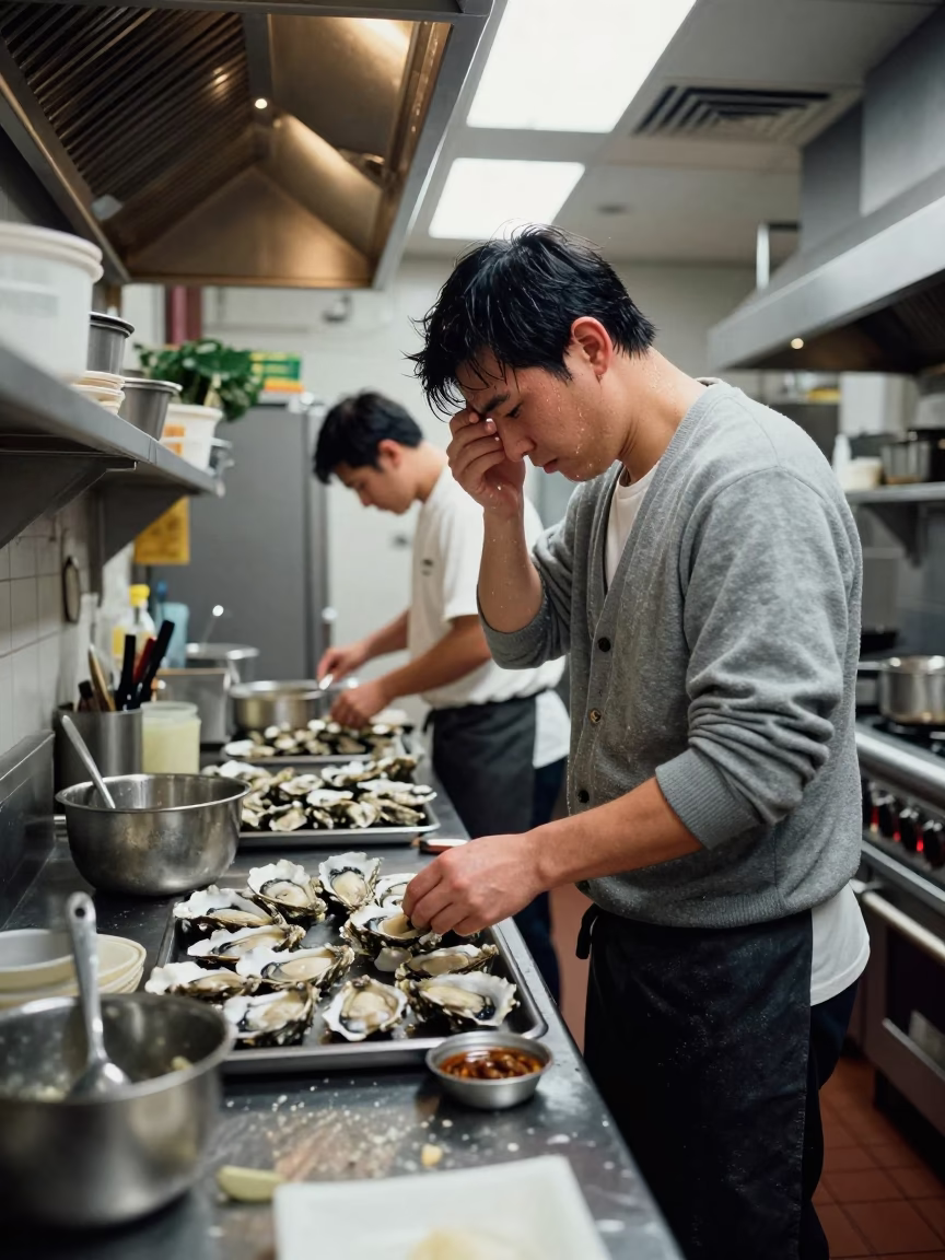Prepping Oysters in Vancouver in in Vancouver, British Columbia, Canada