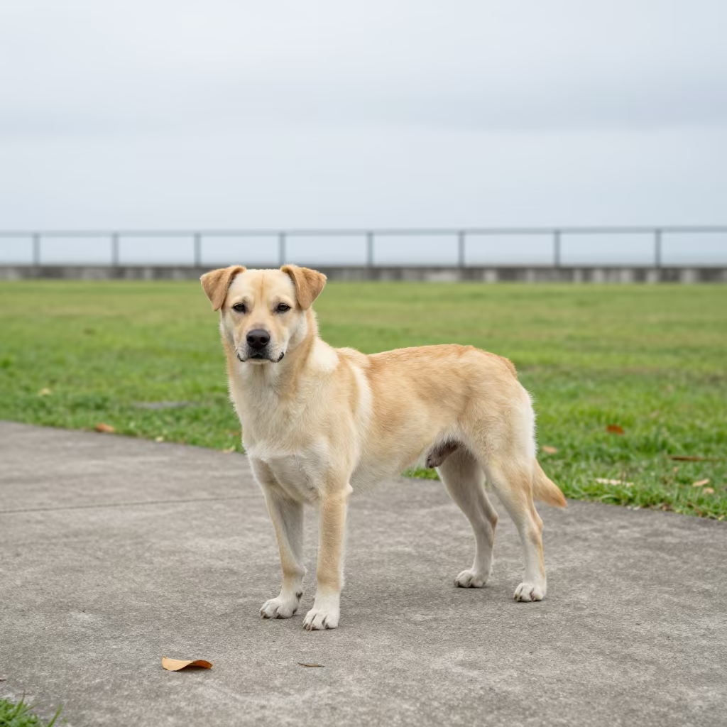 Presa Canario on Cebu Park Path at Noon in in a small yard with clipped grass, calm light, and the animal centered in frame in Cebu
