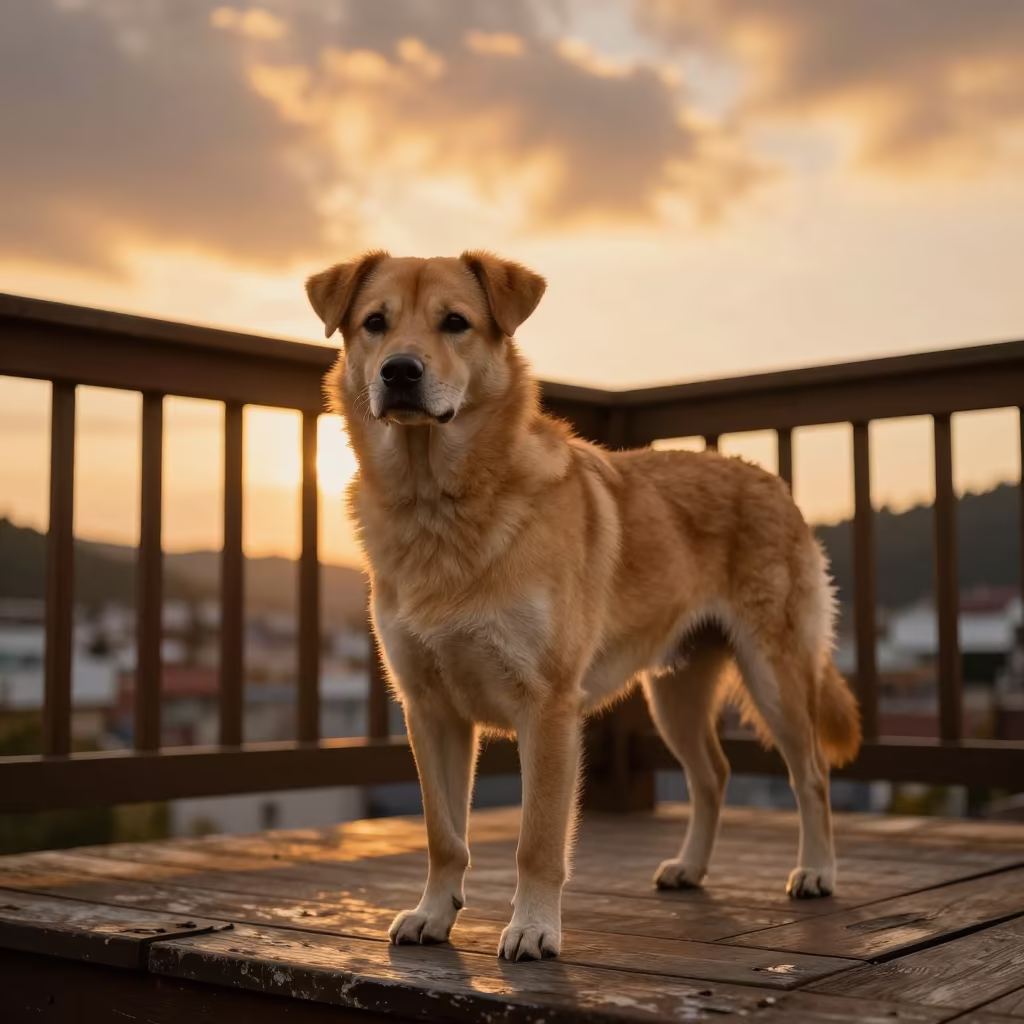 Presa Canario on Daegu Porch at Golden Hour in on a shaded front porch with boards, railings, and eye-level framing in Daegu