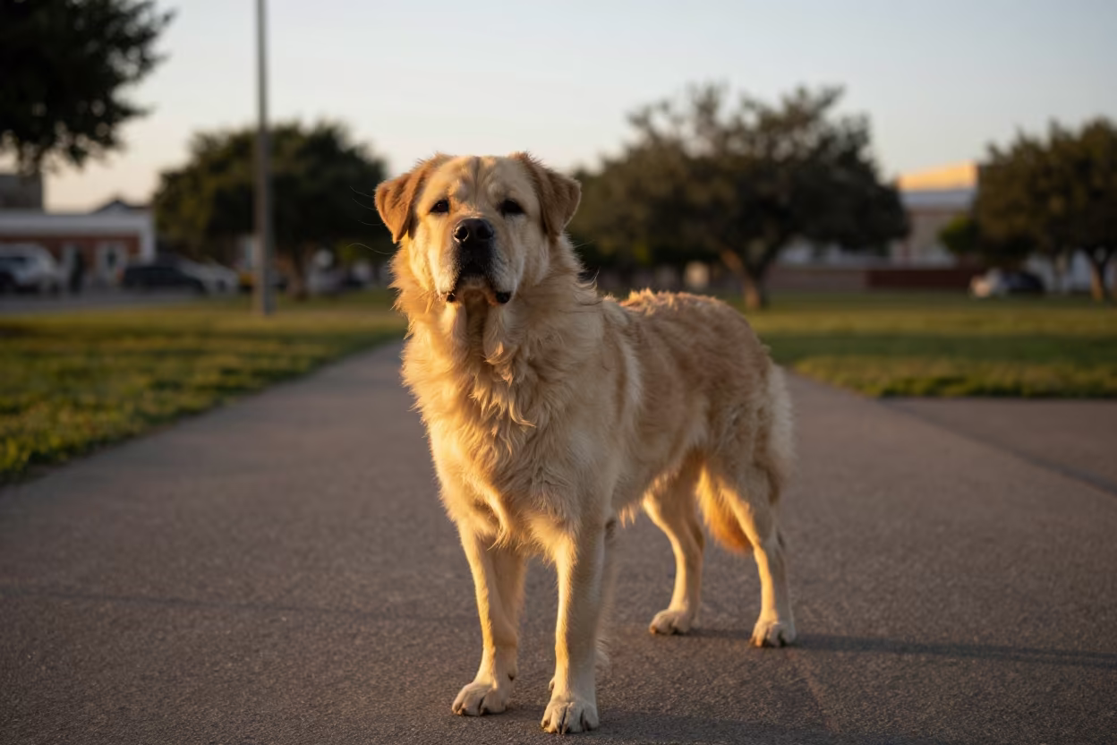 Presa Canario Portrait in Evening Park Light in along a quiet park path with soft open shade and a clean background near San Juan