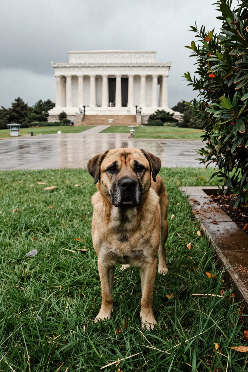 Presa Canario Portrait in Washington DC Yard in in a small yard with clipped grass, calm light, and the animal centered in frame in Washington DC