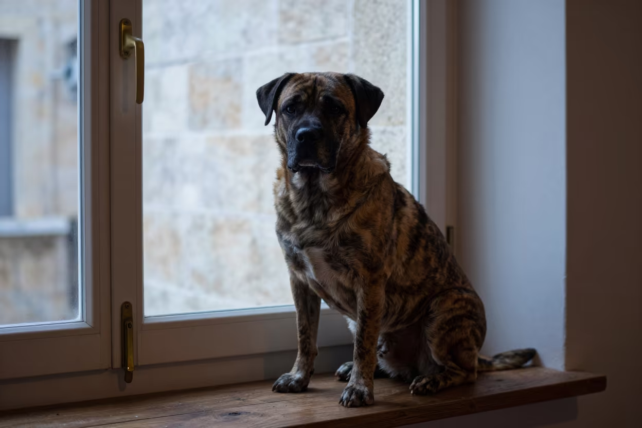 Presa Canario Portrait on Window Seat Haifa in on a cushioned window seat with soft side light and an uncluttered background in Haifa