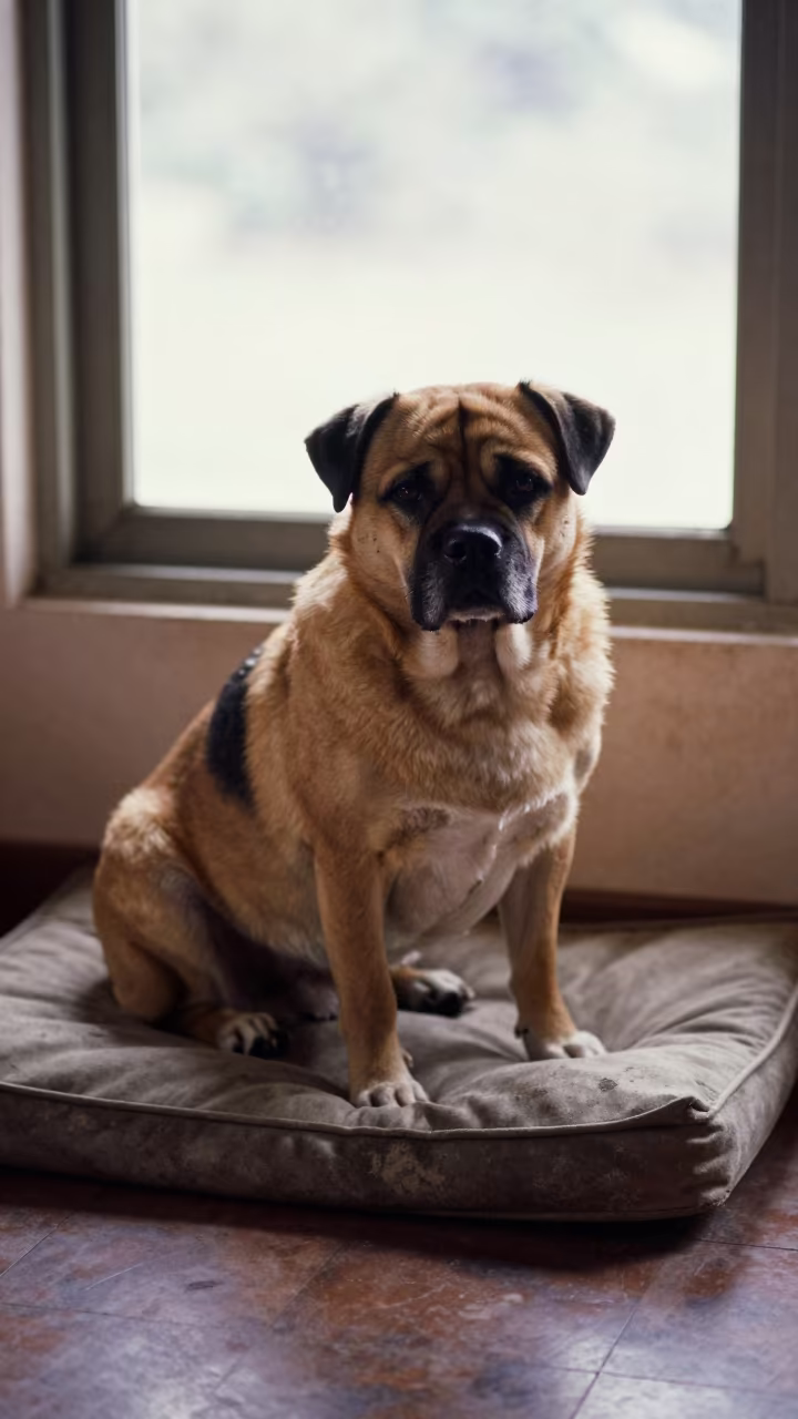 Presa Canario Portrait on Window Seat in on a cushioned window seat with soft side light and an uncluttered background in Kisangani