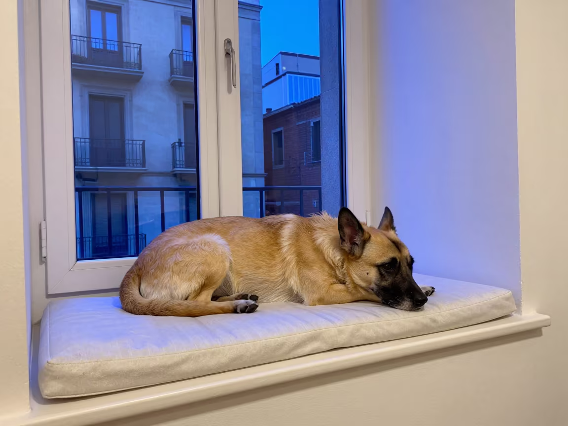 Presa Canario Resting on Window Seat in on a window seat in a quiet apartment with soft side light in Gracia, Barcelona