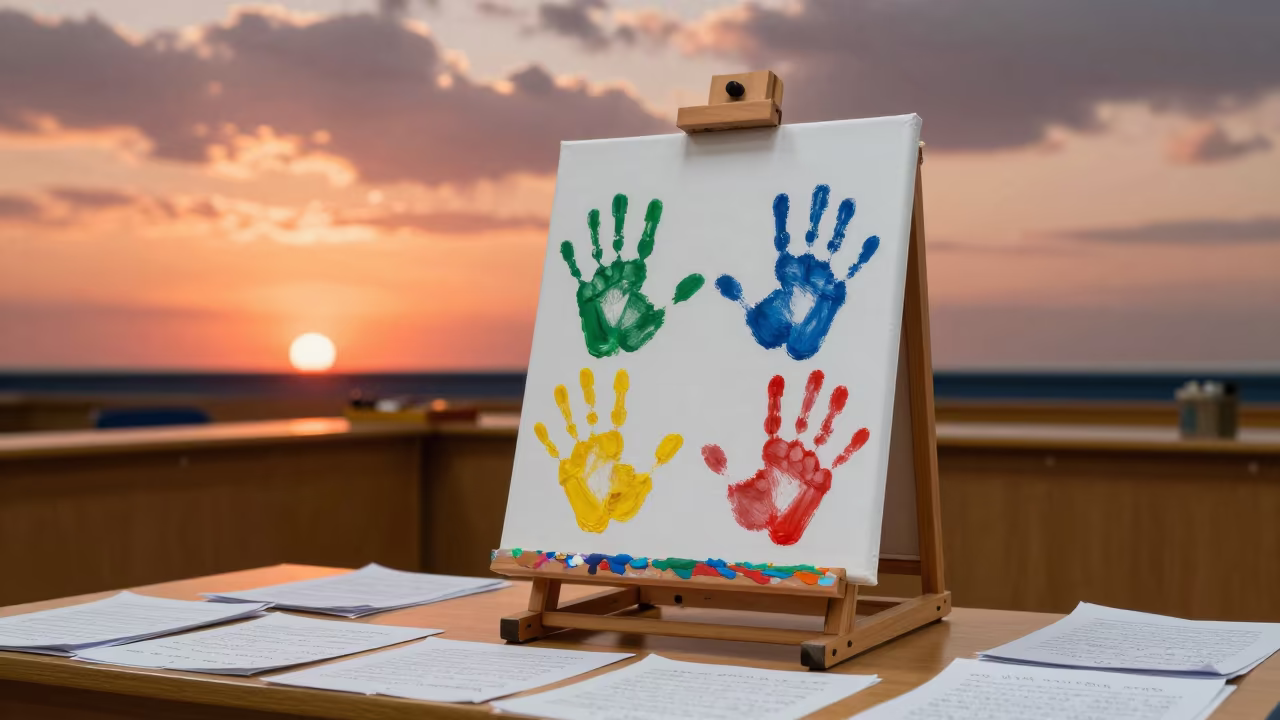 Preschool Easel Handprints Tashkent Seminar Table in at a seminar table covered in notes in Tashkent
