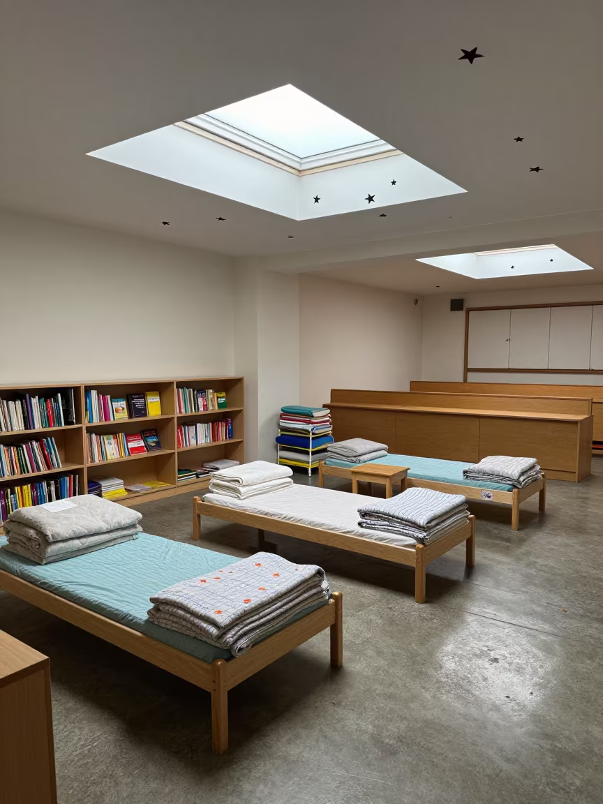 Preschool Nap Room Under Noon Skylight in in a lecture hall before the crowd arrives near Palermo