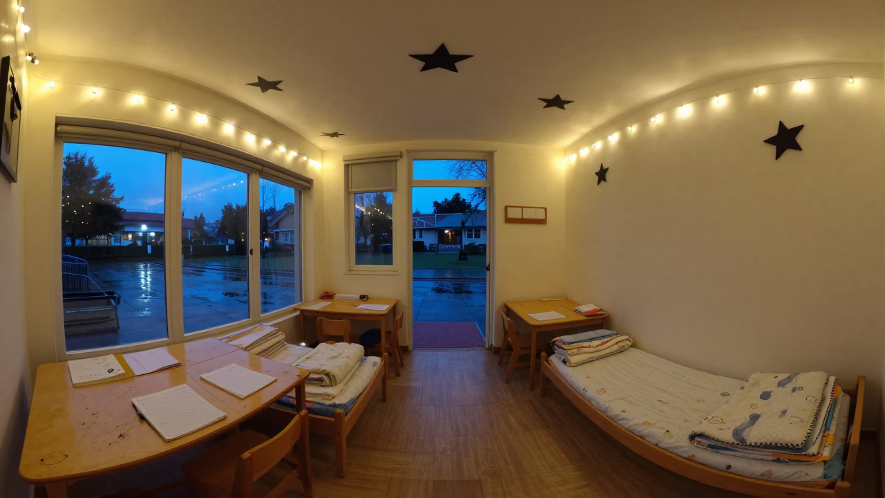 Preschool Nap Room with Star Decals and String Lights in across a rain-washed campus courtyard in Méagui