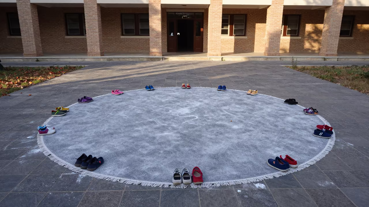 Preschool Rug Ringed by Shoes Outside Benghazi Lecture Hall in outside a brick lecture building in Benghazi