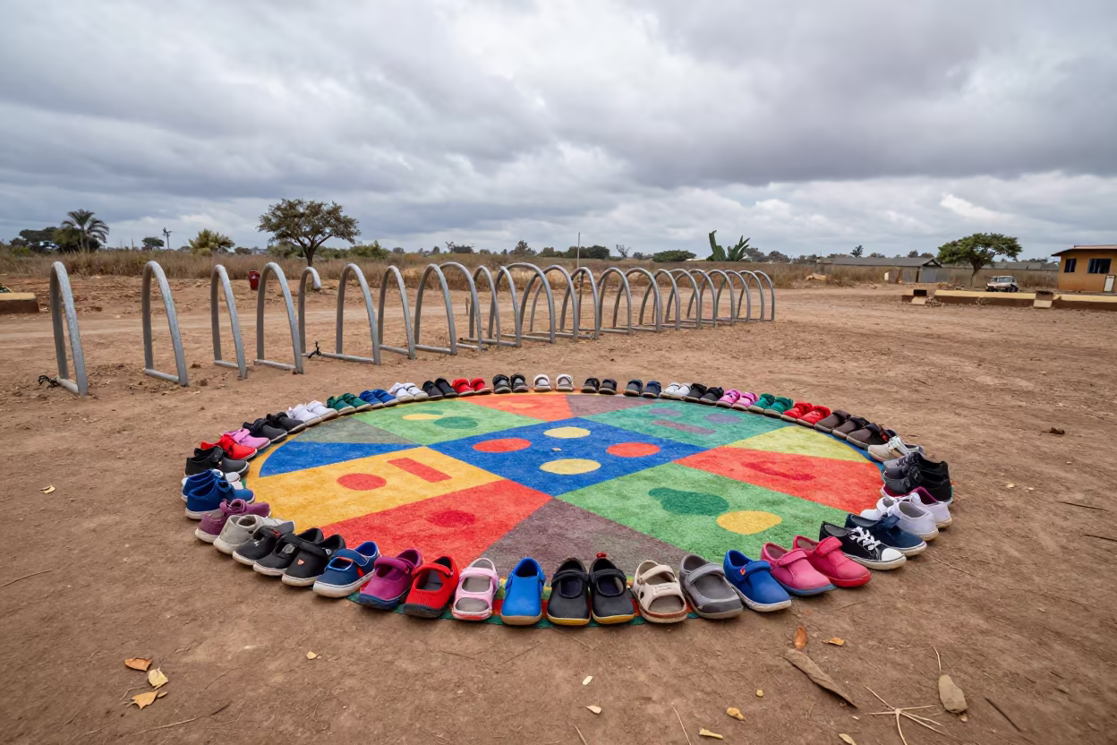 Preschool Rug and Shoes at Dawn in Shinyanga in beside campus bike racks at dawn in Shinyanga