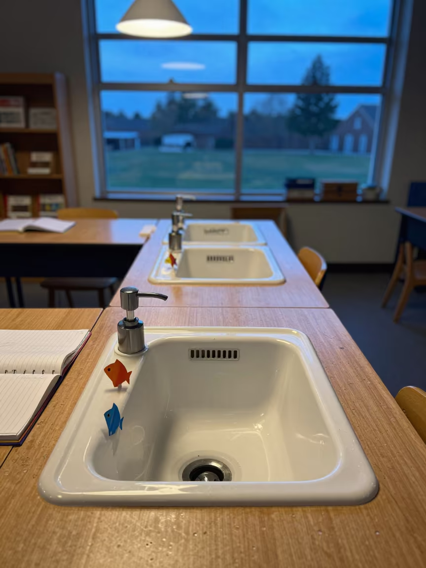 Preschool Sink with Soap Pumps and Paper Fish in beside campus bike racks at dawn in Cagua
