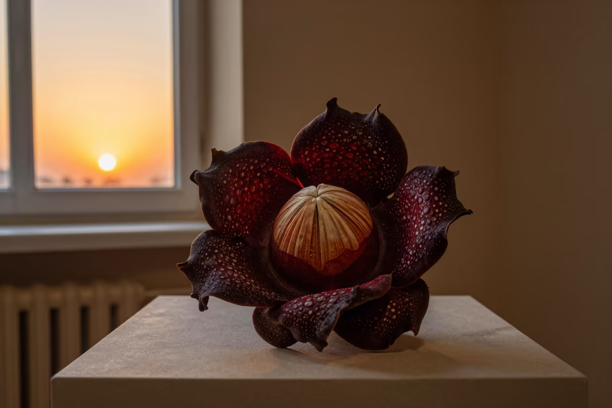 Preserved Corpse Flower on Plinth in Amber Light in on a museum plinth in Namangan