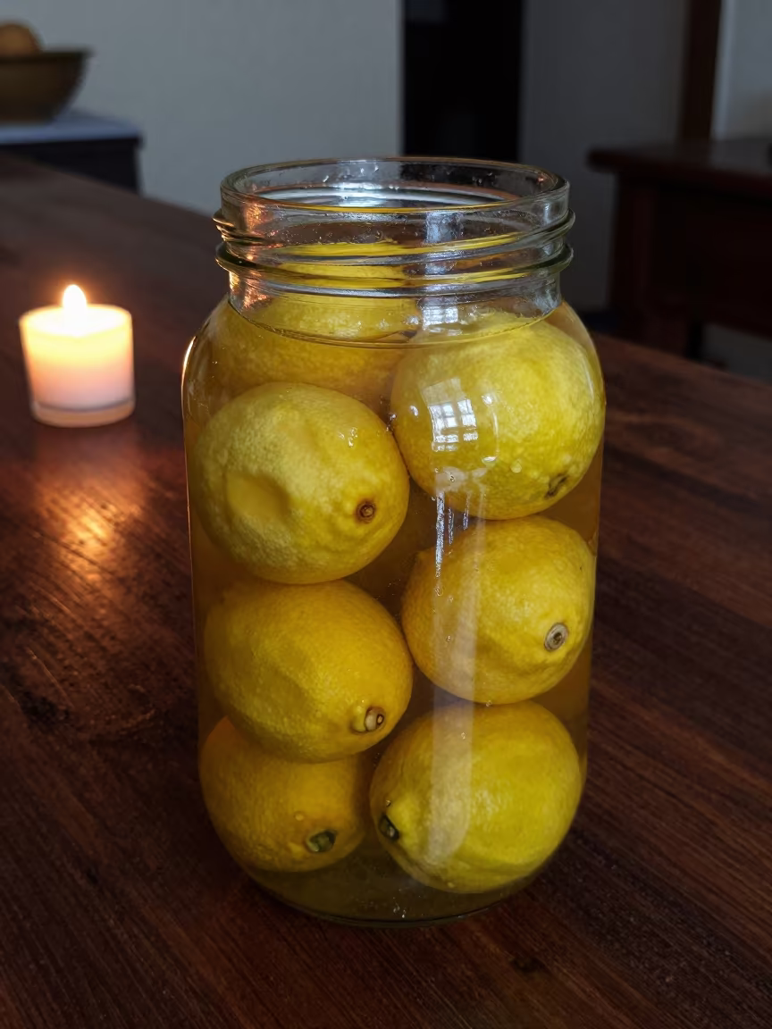 Preserved Lemons in Candlelight Jaunpur in on a wooden workbench near Jaunpur