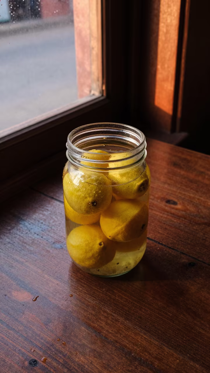 Preserved Lemons in Copper Light in on a cafe table by a window near Patan