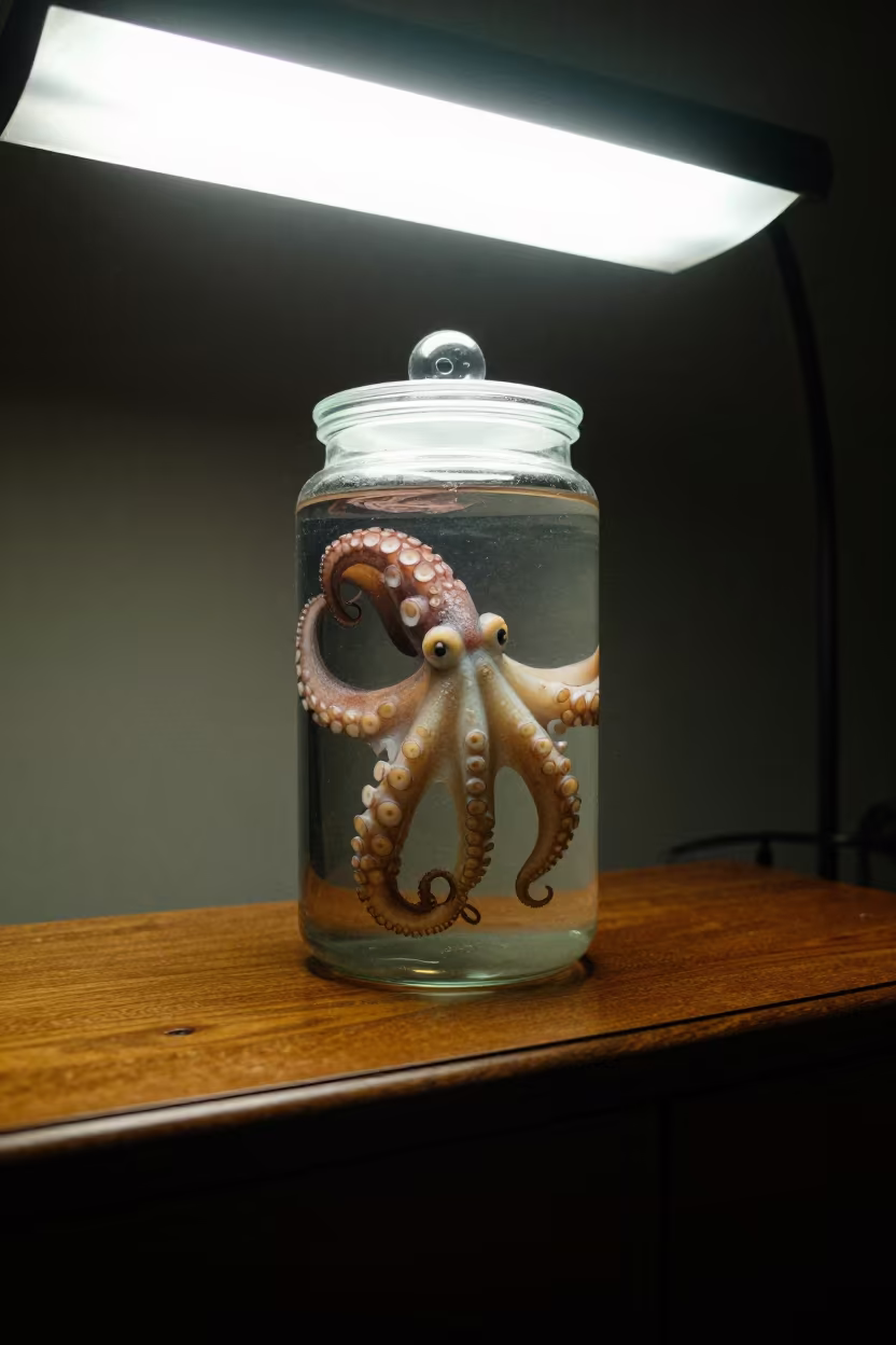 Preserved Octopus in Jar on Hotel Dresser Night in on a hotel dresser in Brescia