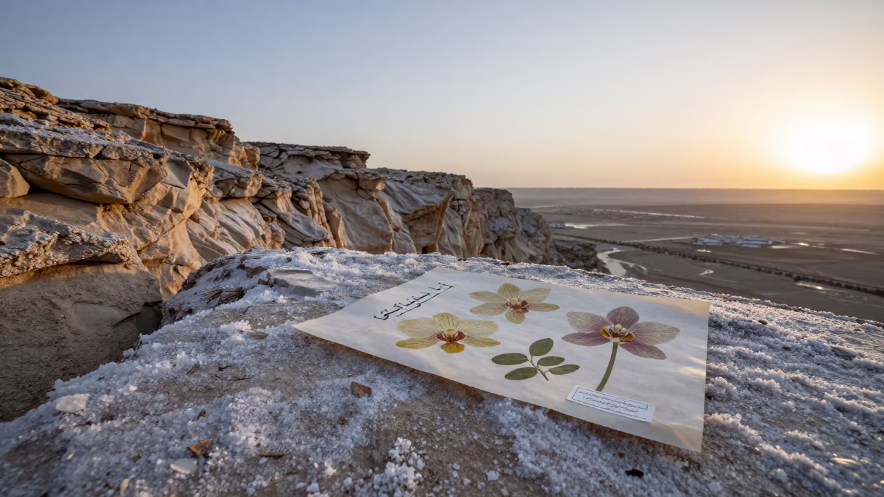 Pressed Orchid on Salt Cliff in Iraq Evening in along a salt-sprayed cliff edge in Iraq