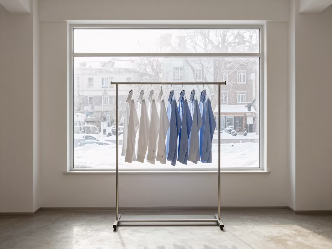 Pressed Shirting on Rack Beside Hail Window in inside a couture atelier in Tianjin