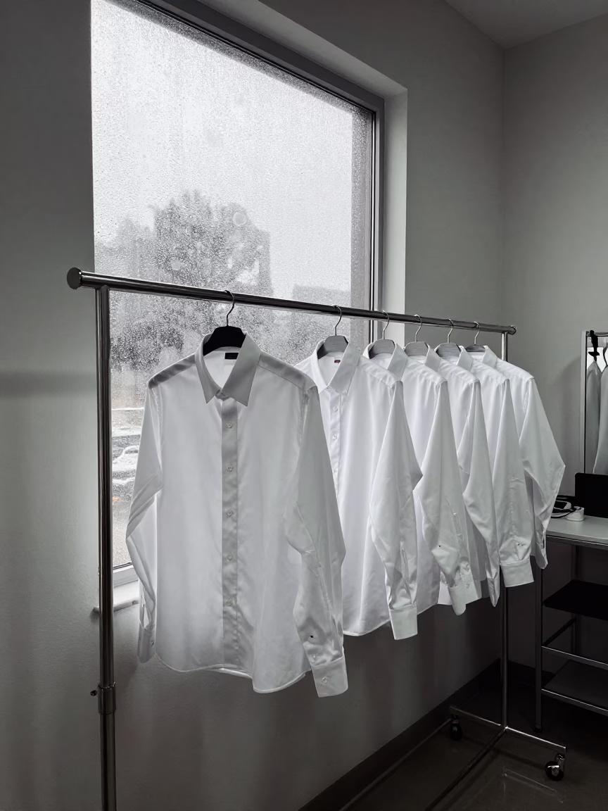 Pressed Shirting on Rack Near Hail-Filled Window in inside a couture atelier near Port Harcourt