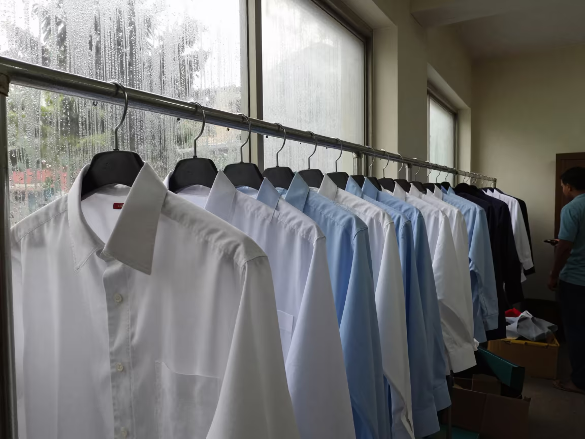Pressed Shirts Hanging Near Hail-Filled Window in in a backstage changing corridor in Chittagong