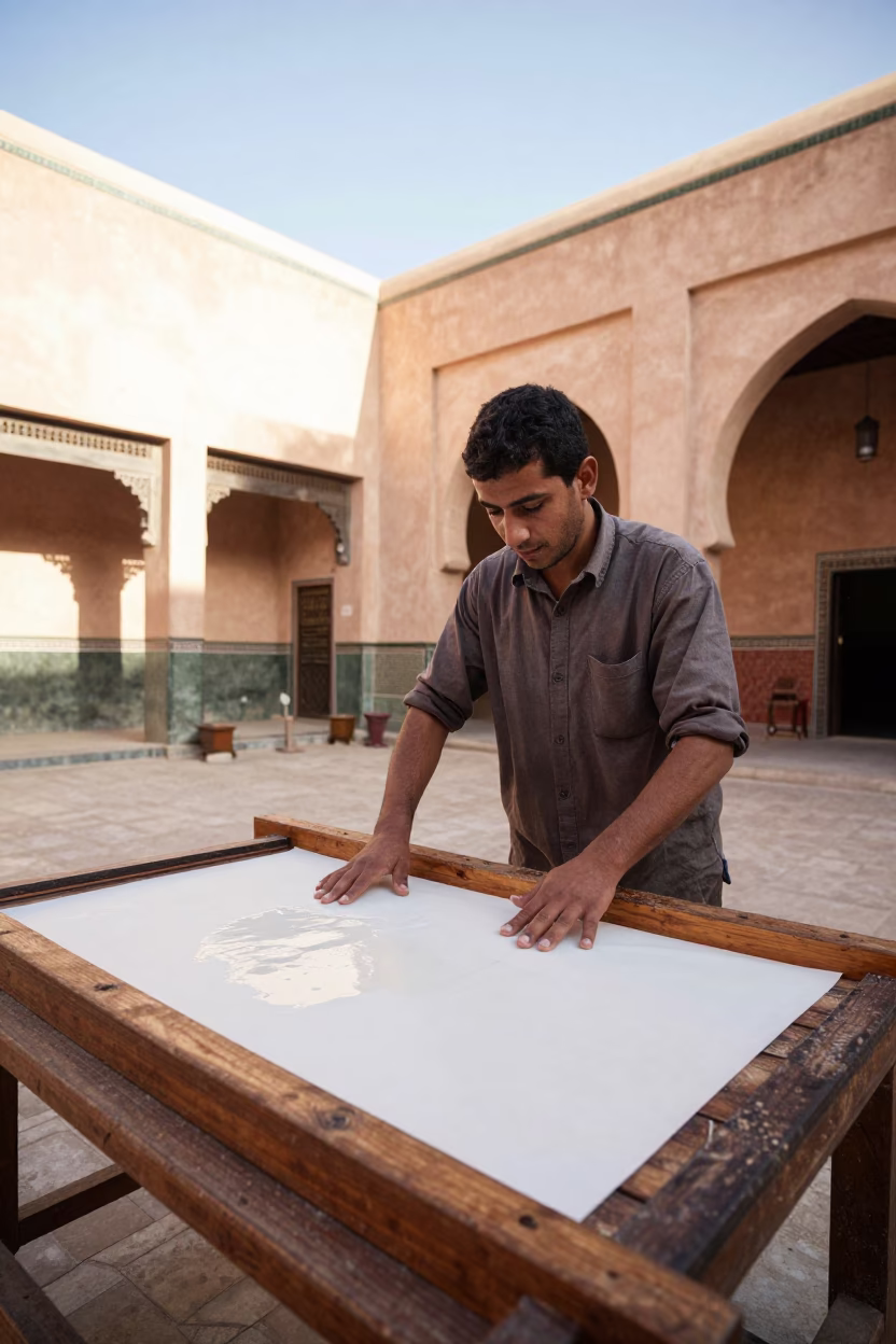 Pressing Paper in Fez in in Fez, Morocco