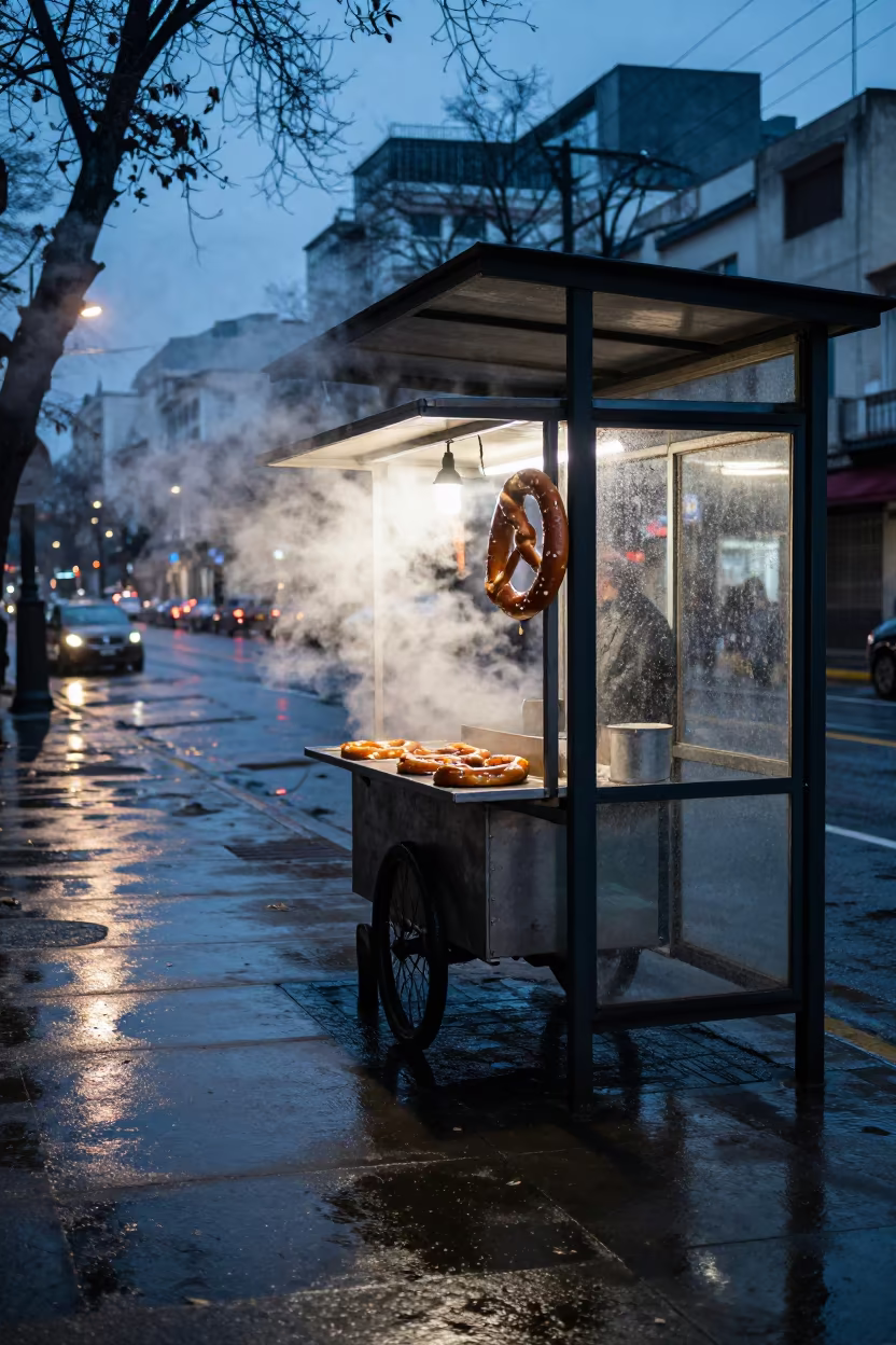 Pretzel Cart Steam in Buenos Aires Twilight in beside a steamed-up bus shelter in Buenos Aires