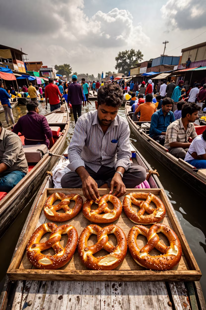 Pretzel Vendor Arranging Salted Twists at Delhi Market in at a floating market boat in Lodhi Colony, Delhi