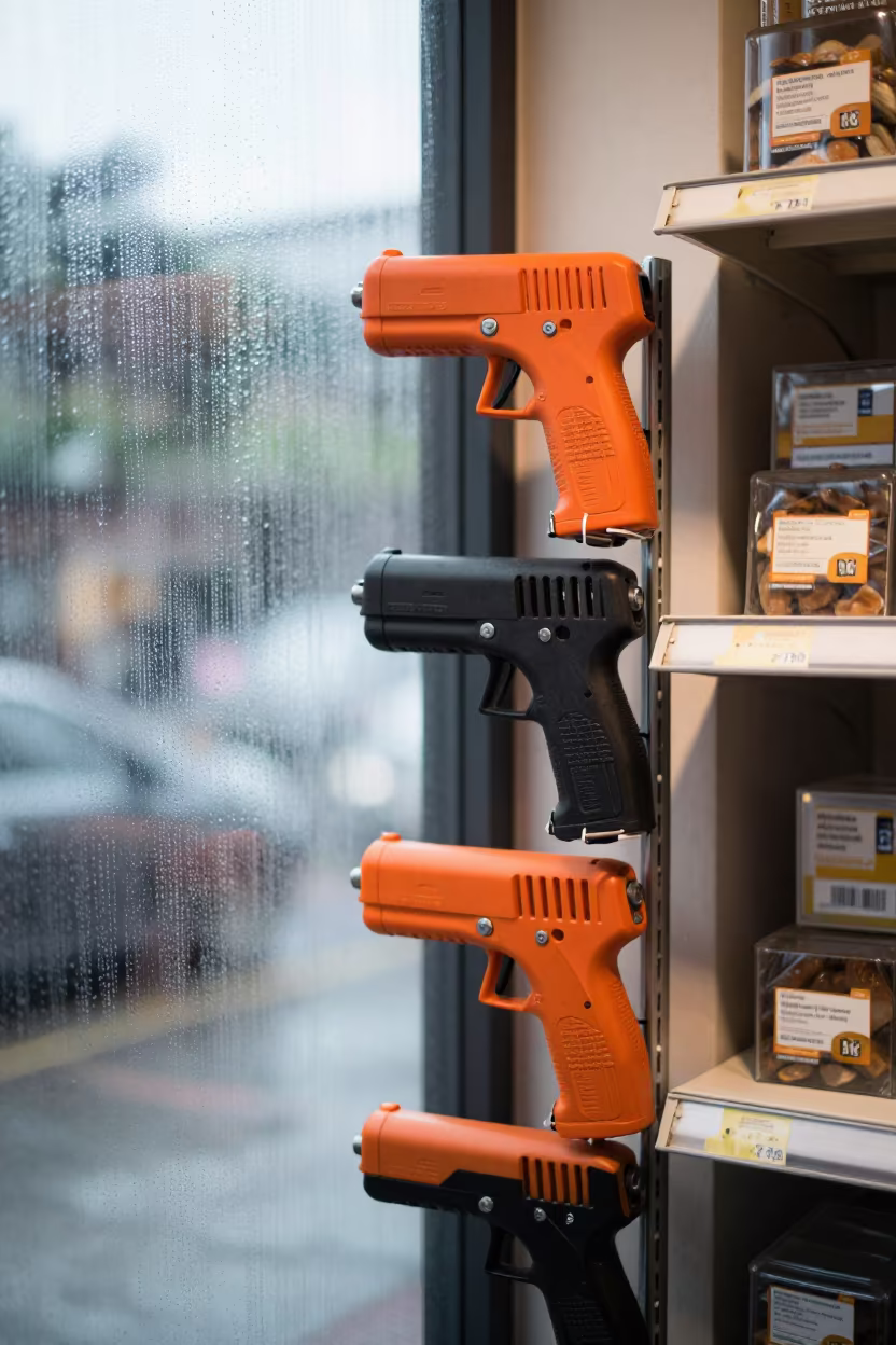 Price Gun Charging Rack at Dawn Monsoon in beside a seasonal endcap near the sales floor in Semarang