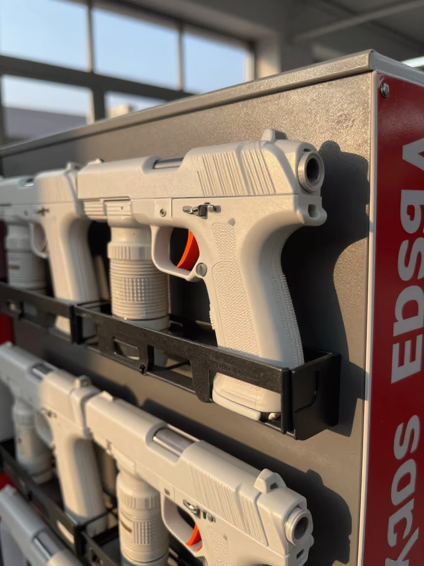 Price Gun Charging Rack Dawn Myitkyina in beside a seasonal endcap near the sales floor near Myitkyina