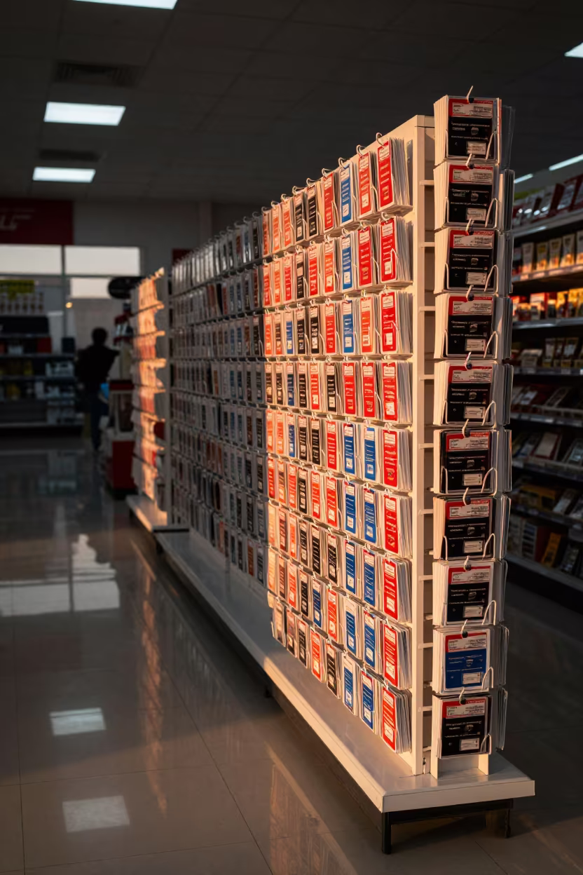 Price Label Peel Test Card Rack in Peshawar Store in beside a seasonal endcap near the sales floor in Peshawar
