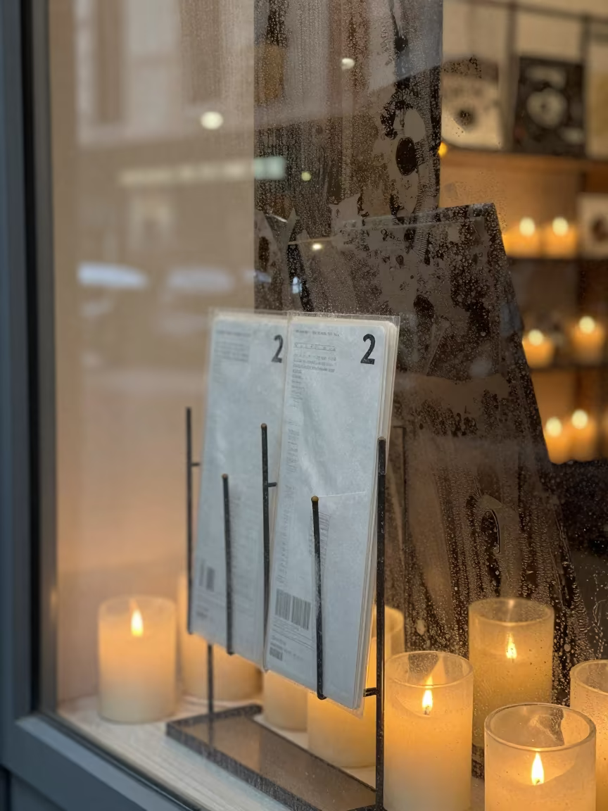 Price Label Peel Test Rack in Istanbul Storefront in inside a storefront display zone in Ortakoy, Istanbul