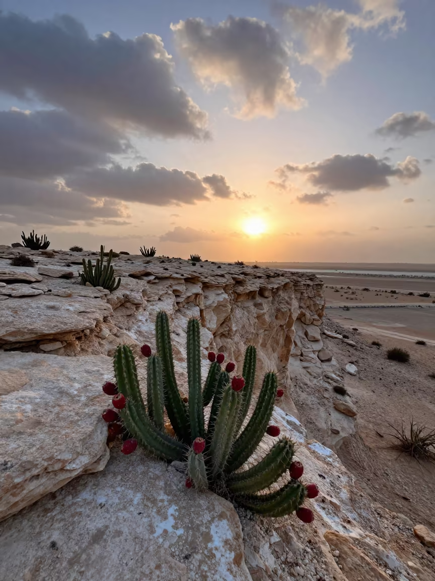 Prickly Pear Cactus Fruit at Abu Dhabi Sunset in along a salt-sprayed cliff edge near Abu Dhabi
