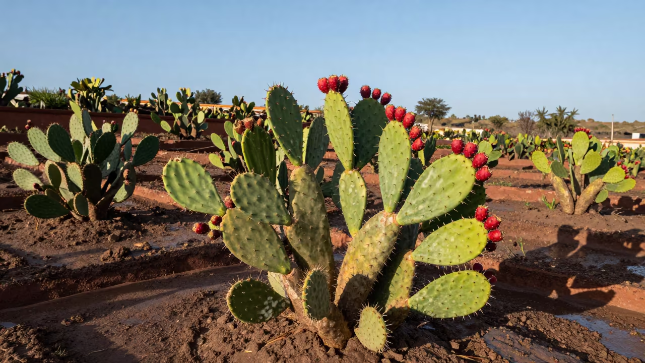 Prickly Pear Cactus Fruit in Chilean Terraced Garden in among terraced garden plots in Chile
