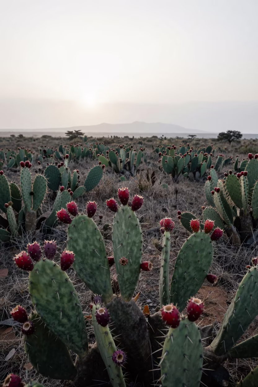 Prickly Pear Cactus Red Fruit Desert Dawn Libya in in a bloom-heavy meadow in Libya