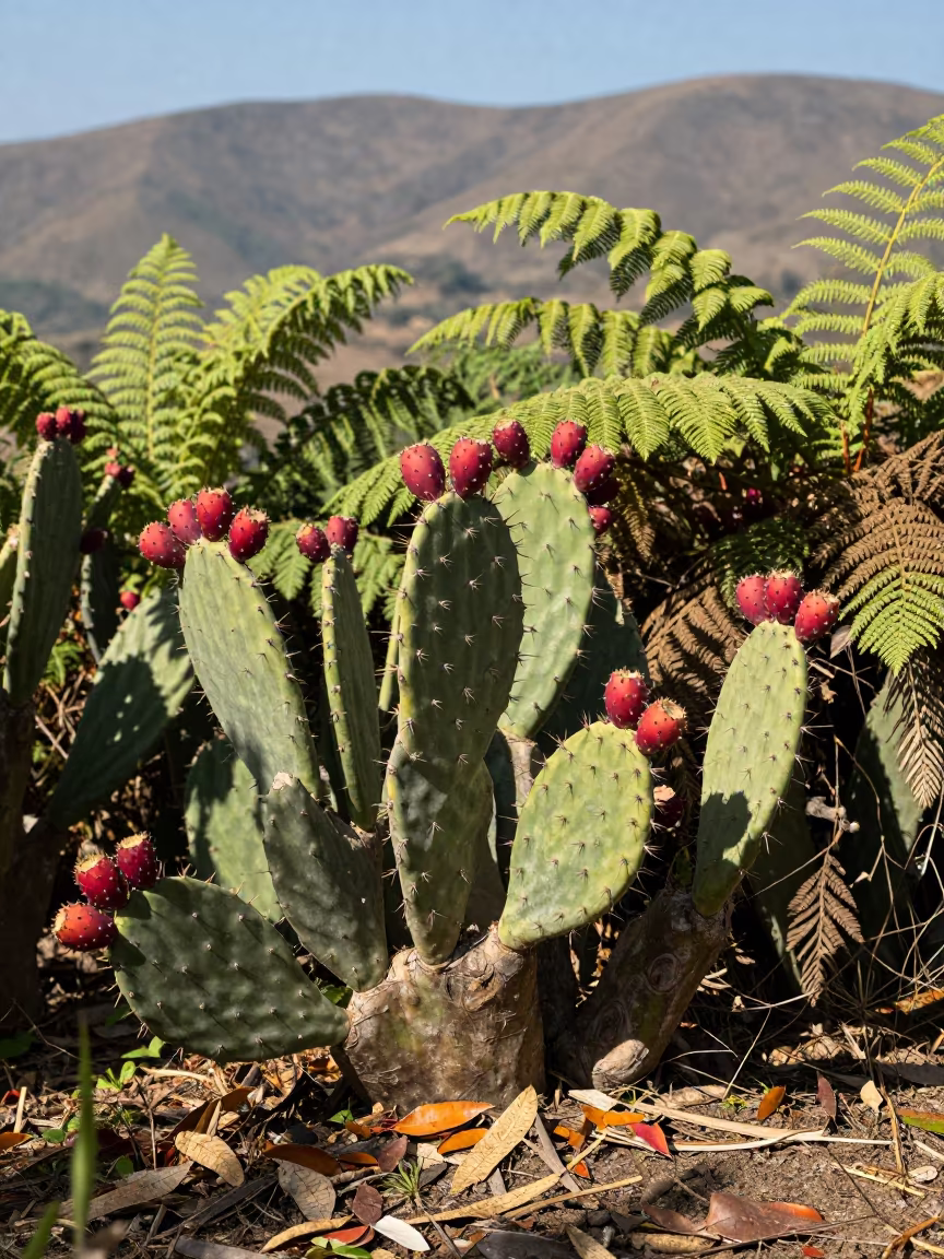 Prickly Pear Cactus with Red Fruit on Forest Floor in on a fern-lined forest floor near Kumba