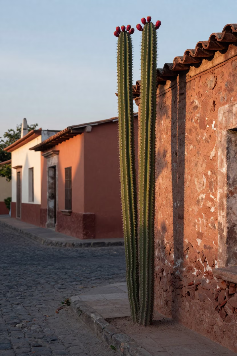 Prickly Pear Cactus with Red Fruit in Oaxaca Mexico at Nautical Dawn in in Oaxaca, Mexico