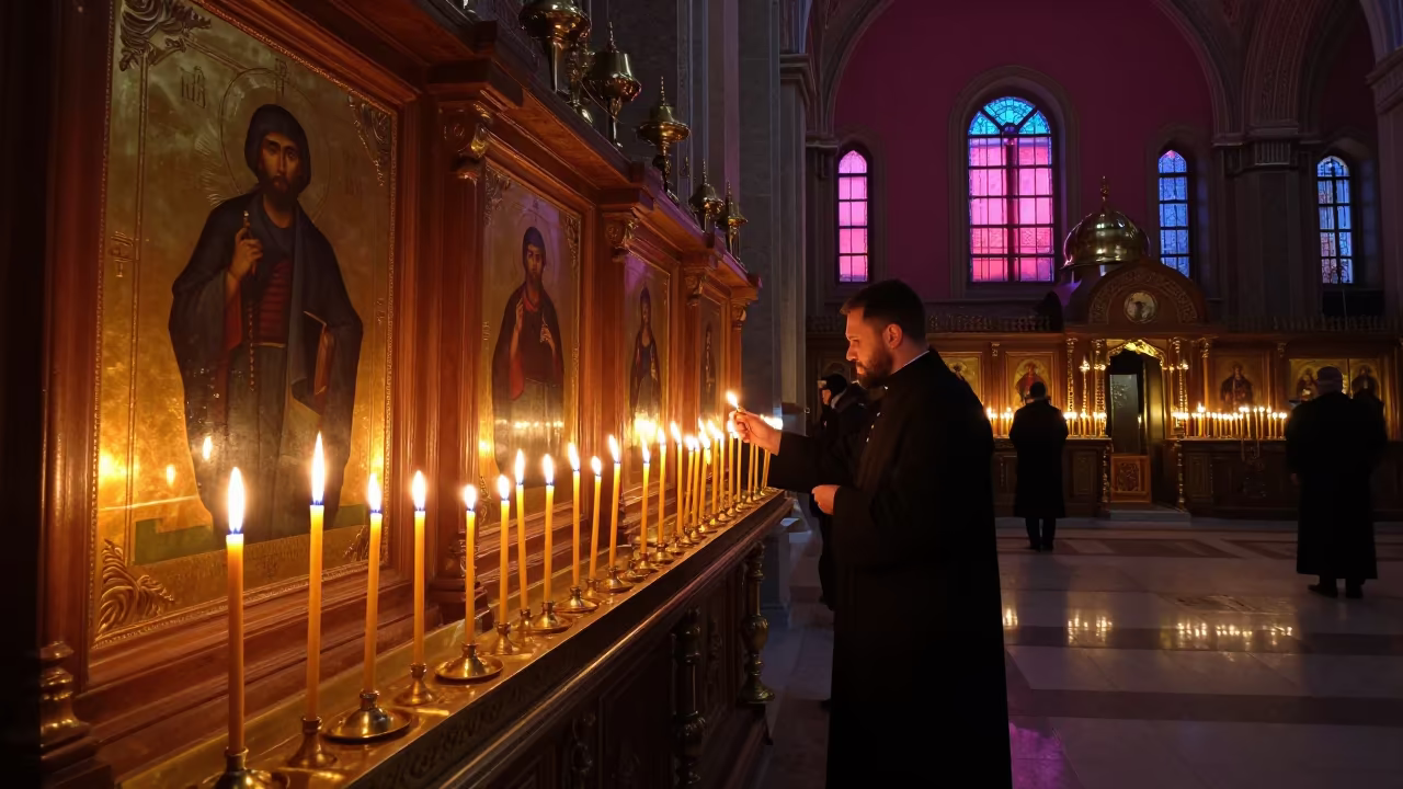 Priest Lighting Candles in Predawn Shiraz Church in inside a candlelit nave in Shiraz