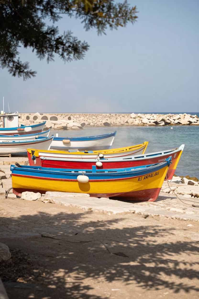 Primary Color Fishing Boats on Haifa Causeway in on a wind-open causeway near Haifa