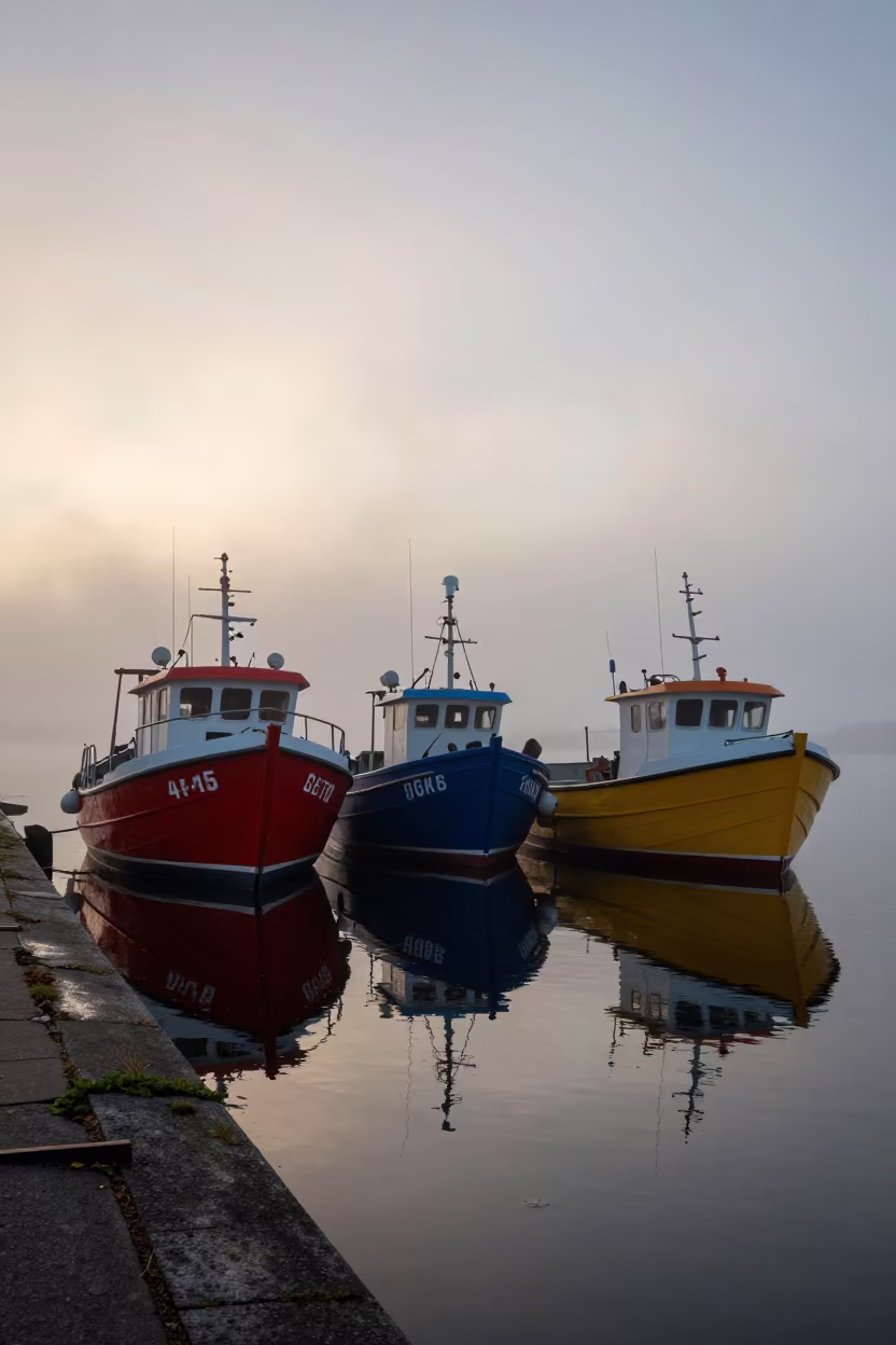 Primary Color Fishing Boats on Misty Brussels Causeway in on a wind-open causeway near Brussels