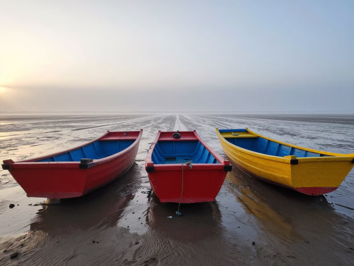 Primary Color Fishing Boats at Sunrise in Gansu in in Gansu
