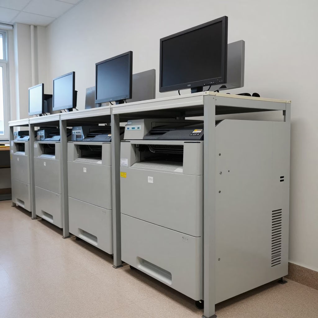 Printer Shelf with Cable Tray in Manisa Office in in an operations center under monitor glow in Manisa