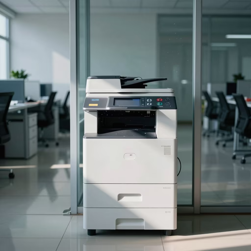Printer Shelf Office Bay Afternoon Light Dust in inside an open-plan office bay in Koh Samui